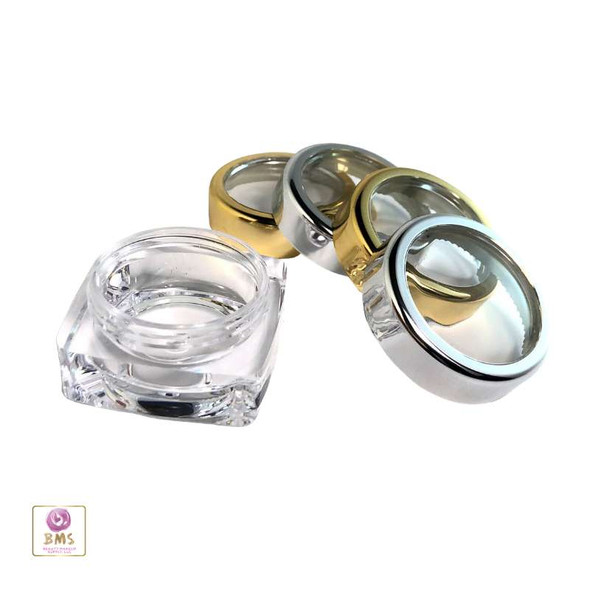 Cosmetic Jars with Thick Wall Square Base and Gold Trim Lid  Silver Trim Lid