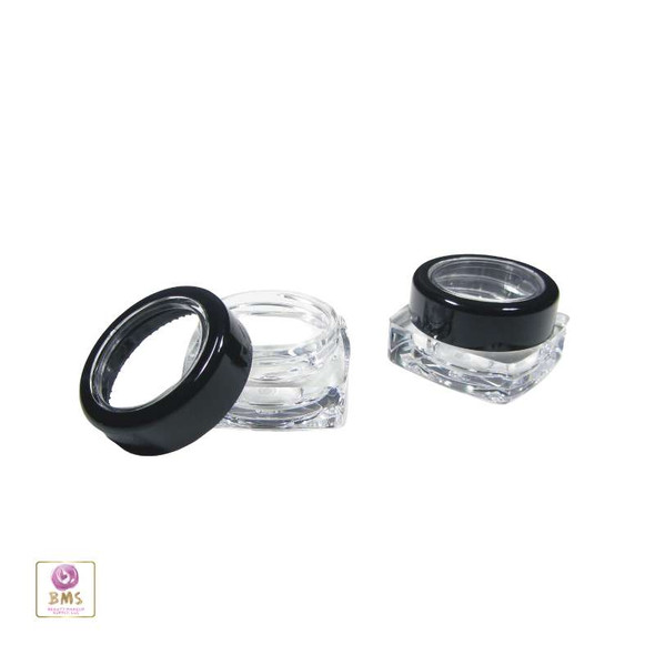 2 Cosmetic Jars with Thick Wall Square Base and Black Trim Acrylic Window Lid sit next to each other