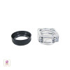 A Square Cosmetic Jars with a Black Rim Acrylic Window Cap open placed next to a thick wall clear beauty container base that is up side down