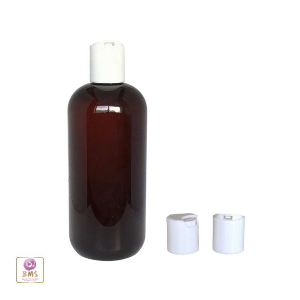 Plastic Bottles PET Boston Round Bottles White Disc Top - 12 oz (Amber) • 9762DW Beauty Makeup Supply