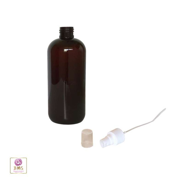 Amber PET Plastic Bottle with the  White Fine Sprayer and a overcap laying next to the 12 oz bottle • 9762SW Beauty-Makeup-Supply