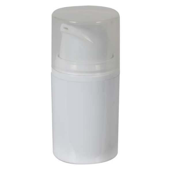 15 ML White Airless Pump Bottle with hood pump and natural cap snapped onto the bottle