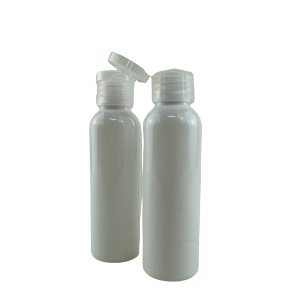 2 oz white PET plastic bottle with flip-top cap, ideal for skincare and beauty products. beauty-makeup-supply