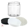 8 oz clear cosmetic jar with black and white lid and a press and seal liner