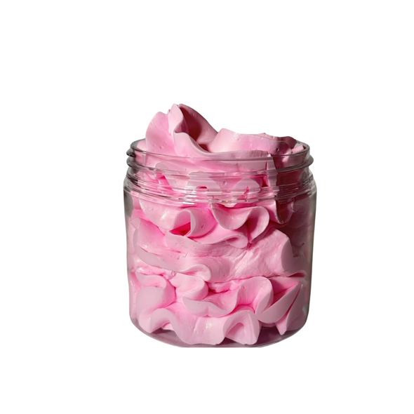 clear plastic cosmetic jar with pink body butter