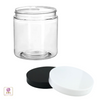 8 oz clear cosmetic jar with a black lid and a white lid 