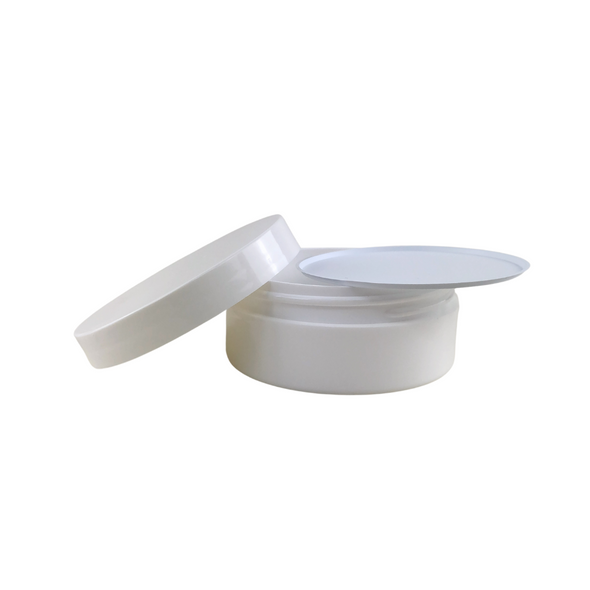 A sleek, white 4 oz plastic jar with a wide mouth and thick walls, made from durable polypropylene (PP) including a jar disc. www.Beauty-Makeup-Supply.com