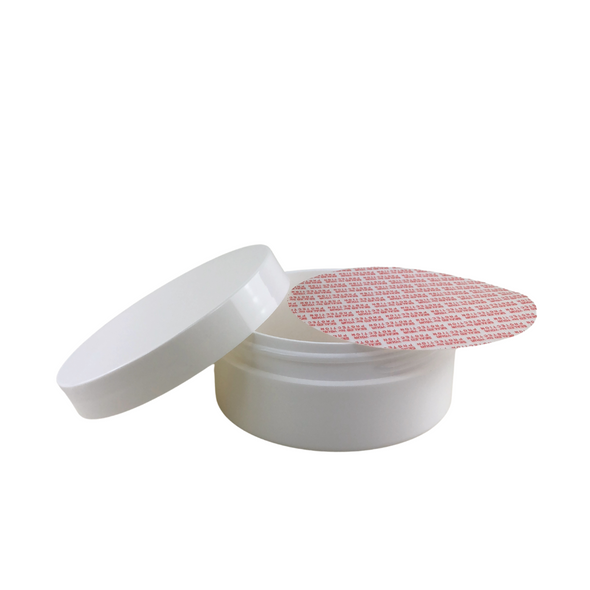 PP 4 oz wide mouth thick wall plastic jar in a sleek white color. The jar features a secure screw-on lid and includes a Press & Seal liner for added protection. www.Beauty-Makeup-Supply.com