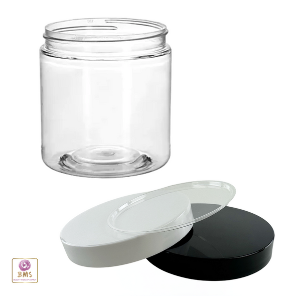 plastic cosmetic jars 240 ml pet beauty container with white and black lids plus a clear jar disc