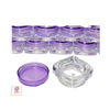 Small square cosmetic sample jars with purple tops