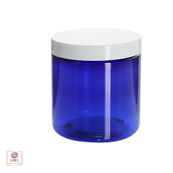 Blue 8 oz beauty container with white cap