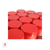 A lot of red plastic jars and red beauty containers for skincare products