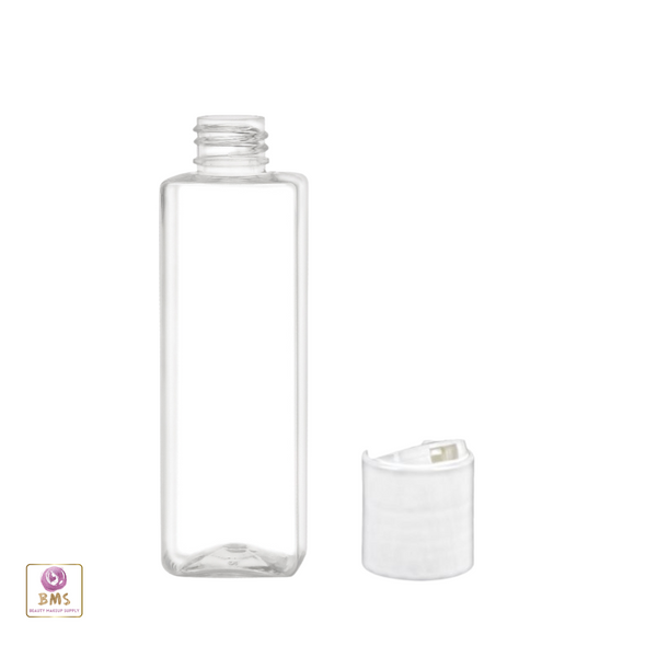 Square Plastic Liquid Bottles with a White Disc Top Cap 4 oz